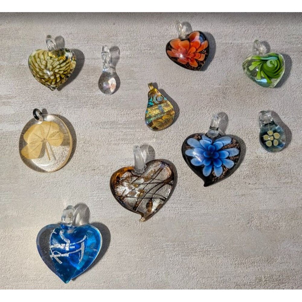 10 Pc Art Glass Pendant Lot Murano Style Dichroic Foil Floral Hearts Teardrops